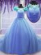 Scoop Short Sleeves Quinceanera Dress Court Train Hand Made Flower Blue Tulle