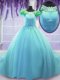 Scoop Hand Made Flower Quinceanera Gowns Blue Lace Up Short Sleeves Court Train