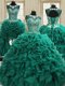 Charming Four Piece Dark Green Lace Up Scoop Beading and Ruffles Quinceanera Gowns Organza Sleeveless
