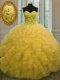 High End Gold Ball Gowns Organza Sweetheart Sleeveless Beading and Ruffles Floor Length Lace Up Quince Ball Gowns