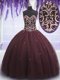 Eye-catching Sleeveless Tulle Floor Length Lace Up Quinceanera Dress in Dark Purple with Beading and Appliques