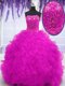 Sleeveless With Train Beading and Appliques and Ruffles Lace Up 15 Quinceanera Dress with Fuchsia Brush Train