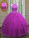 Fuchsia Lace Up High-neck Beading and Appliques Ball Gown Prom Dress Tulle Sleeveless