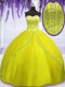 Floor Length Lace Up Ball Gown Prom Dress Yellow Green for Military Ball and Sweet 16 and Quinceanera with Beading