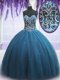 Pretty Sleeveless Tulle Floor Length Lace Up Quinceanera Gown in Teal with Beading and Appliques