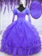Beading and Embroidery and Hand Made Flower Quinceanera Dresses Purple Lace Up Long Sleeves Floor Length