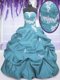 Floor Length Teal 15th Birthday Dress Taffeta Sleeveless Appliques and Pick Ups