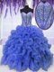 Top Selling Royal Blue Sleeveless Floor Length Beading and Ruffles Lace Up Ball Gown Prom Dress