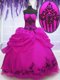 Deluxe Sleeveless Floor Length Embroidery and Pick Ups Lace Up Sweet 16 Quinceanera Dress with Fuchsia