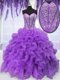 Sleeveless Organza Floor Length Lace Up Quinceanera Gowns in Purple with Beading and Ruffles