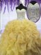 Dramatic Gold Ball Gowns Beading and Ruffles Sweet 16 Quinceanera Dress Lace Up Organza Sleeveless Floor Length