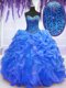 Sleeveless Organza Floor Length Lace Up Ball Gown Prom Dress in Blue with Beading and Ruffles