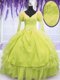 Colorful Yellow Green Ball Gowns V-neck Sleeveless Organza Floor Length Lace Up Beading and Embroidery and Ruffles 15th Birthday Dress