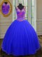 Flirting Royal Blue Tulle Zipper 15th Birthday Dress Sleeveless Floor Length Beading and Sequins