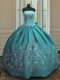 Extravagant Teal Strapless Neckline Embroidery Quince Ball Gowns Sleeveless Lace Up