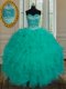 Floor Length Lace Up Quinceanera Dress Turquoise for Military Ball and Sweet 16 and Quinceanera with Beading and Ruffles