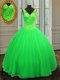 Green Zipper V-neck Beading 15th Birthday Dress Tulle Sleeveless