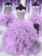 Simple Four Piece Lavender Organza Lace Up Sweetheart Sleeveless Floor Length Sweet 16 Dresses Ruffles and Sequins