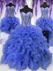 Four Piece Sleeveless Organza Floor Length Lace Up 15th Birthday Dress in Royal Blue with Ruffles and Sequins