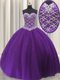 Romantic Eggplant Purple Sleeveless Floor Length Beading and Sequins Lace Up Quince Ball Gowns