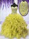 Shining Beading and Ruffles 15th Birthday Dress Gold Lace Up Sleeveless Floor Length