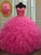 Graceful Hot Pink Ball Gowns Sweetheart Sleeveless Organza Floor Length Lace Up Beading and Ruffles Quinceanera Dress