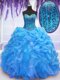 Blue Sweetheart Lace Up Beading and Ruffles Quince Ball Gowns Sleeveless