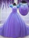 Lavender Lace Up Scoop Hand Made Flower Quinceanera Dress Tulle Short Sleeves Court Train
