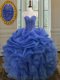 Top Selling Blue Ball Gowns Beading and Ruffles Sweet 16 Dresses Lace Up Organza Sleeveless Floor Length