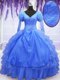 One Shoulder Floor Length Blue Sweet 16 Dress Organza Long Sleeves Beading and Embroidery and Hand Made Flower