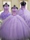 Low Price Three Piece Halter Top Lavender Ball Gowns Sequins Quinceanera Gowns Lace Up Tulle Sleeveless