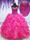 New Arrival Hot Pink Lace Up Sweetheart Beading and Ruffles 15 Quinceanera Dress Organza Sleeveless