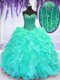 Romantic Turquoise Ball Gowns Sweetheart Sleeveless Organza Floor Length Lace Up Beading and Ruffles Vestidos de Quinceanera