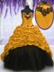 Sexy Sweetheart Sleeveless Quinceanera Gown Sweep Train Appliques and Pick Ups Gold Taffeta
