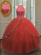Wine Red Ball Gowns Tulle Halter Top Sleeveless Beading and Appliques Floor Length Lace Up 15 Quinceanera Dress