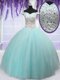 Low Price Tulle Off The Shoulder Short Sleeves Lace Up Beading 15 Quinceanera Dress in Light Blue
