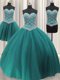 Captivating Three Piece Teal Tulle Lace Up Ball Gown Prom Dress Sleeveless Floor Length Beading and Sequins