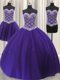 Three Piece Purple Lace Up Quince Ball Gowns Beading and Sequins Sleeveless Floor Length