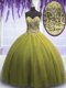Sleeveless Floor Length Beading and Appliques Lace Up 15 Quinceanera Dress with Olive Green