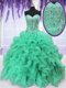 Sleeveless Organza Floor Length Lace Up Quinceanera Gown in Turquoise with Beading and Ruffles