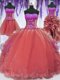 Luxurious Four Piece Sleeveless Floor Length Embroidery and Ruffles Lace Up Quince Ball Gowns with Watermelon Red