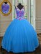 Comfortable Blue Tulle Zipper Straps Sleeveless Floor Length Quinceanera Gowns Beading and Sequins
