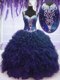 Luxurious Straps Beading and Ruffles Quinceanera Gown Navy Blue Zipper Sleeveless Floor Length