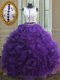 Wonderful Purple Ball Gowns Scoop Sleeveless Organza Floor Length Clasp Handle Appliques 15th Birthday Dress