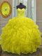 Trendy Yellow Ball Gowns Beading and Embroidery and Ruffles Ball Gown Prom Dress Lace Up Organza Sleeveless Floor Length