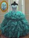 Inexpensive Turquoise Sleeveless Floor Length Beading and Ruffles Lace Up 15th Birthday Dress