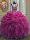 Affordable Fuchsia Ball Gowns Scoop Sleeveless Organza Floor Length Lace Up Beading and Ruffles and Pick Ups Quinceanera Gown  Affordable Fuchsia Ball Gowns Scoop Sleeveless Organza Floor Length Lace Up Beading and Ruffles and Pick Ups Quinceanera Gown