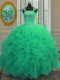 High End Straps Beading and Ruffles and Sequins Quinceanera Dresses Turquoise Lace Up Cap Sleeves Floor Length