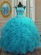 Aqua Blue Ball Gowns Straps Cap Sleeves Organza Floor Length Lace Up Beading and Ruffles and Sequins Quinceanera Gowns