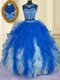 Blue And White Scoop Zipper Beading and Ruffles 15th Birthday Dress Sleeveless